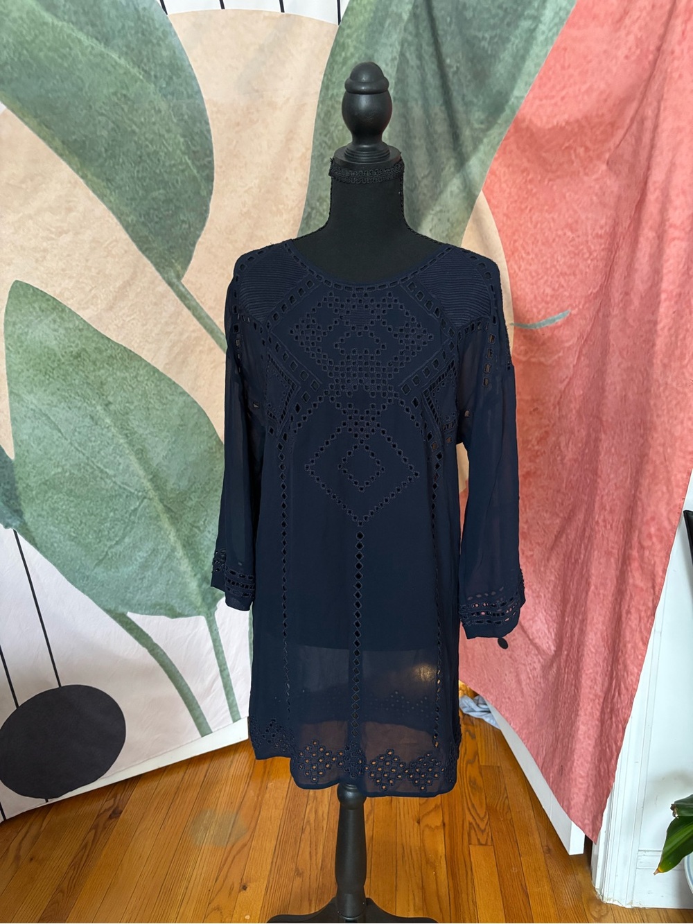 100% silk Club Monaco Navy Blue Eyelet Midi Dress